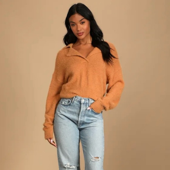 Lulus Cozy Delights Camel Eyelash Knit Sweater - Picture 1 of 10